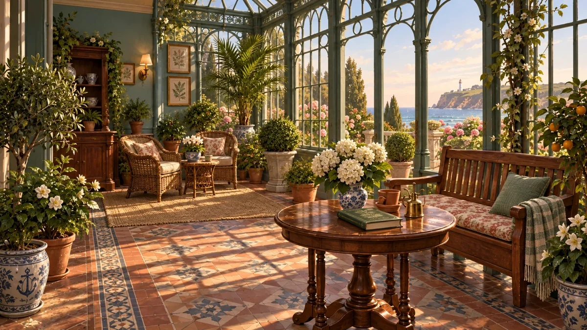 Sunlight fills the hotel's winter garden, with plants, wicker furniture and tall arched windows